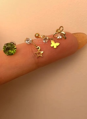 钛钢金色迷你蝴蝶吊坠水钻蝴蝶结耳钉耳骨钉套装2025夏新款女耳钉