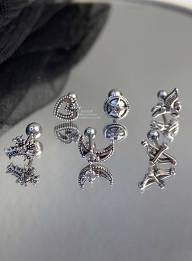 未知世界新款钛钢复古弓箭天使翅膀盾牌耳骨钉暗黑风玫瑰蝴蝶耳钉
