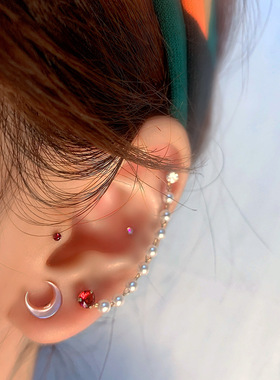 钛合金藏蓝色耳钉耳骨钉红色水钻喜庆过年耳钉耳饰