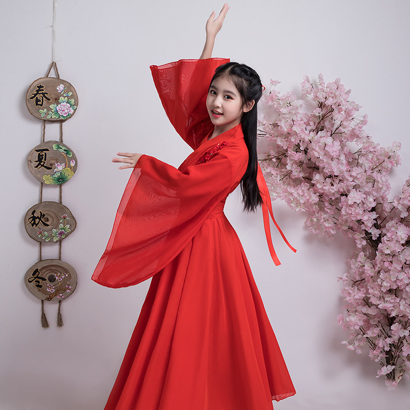 舞蹈服女儿童古代衣服仙女红昭愿古筝演出服女童汉服中国风表演服