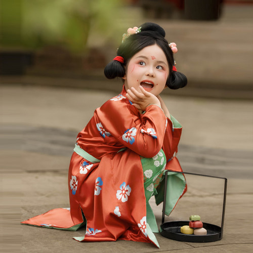 汉服女童唐装圆领袍儿童古装红色中国风男童小少爷国学服元旦演出