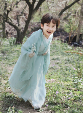 男孩日常汉服夏季仙气魏晋风女童青色古风亲子装六一儿童演出服装
