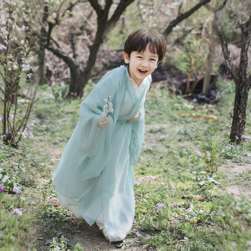 男孩日常汉服夏季仙气魏晋风女童青色古风亲子装六一儿童演出服装