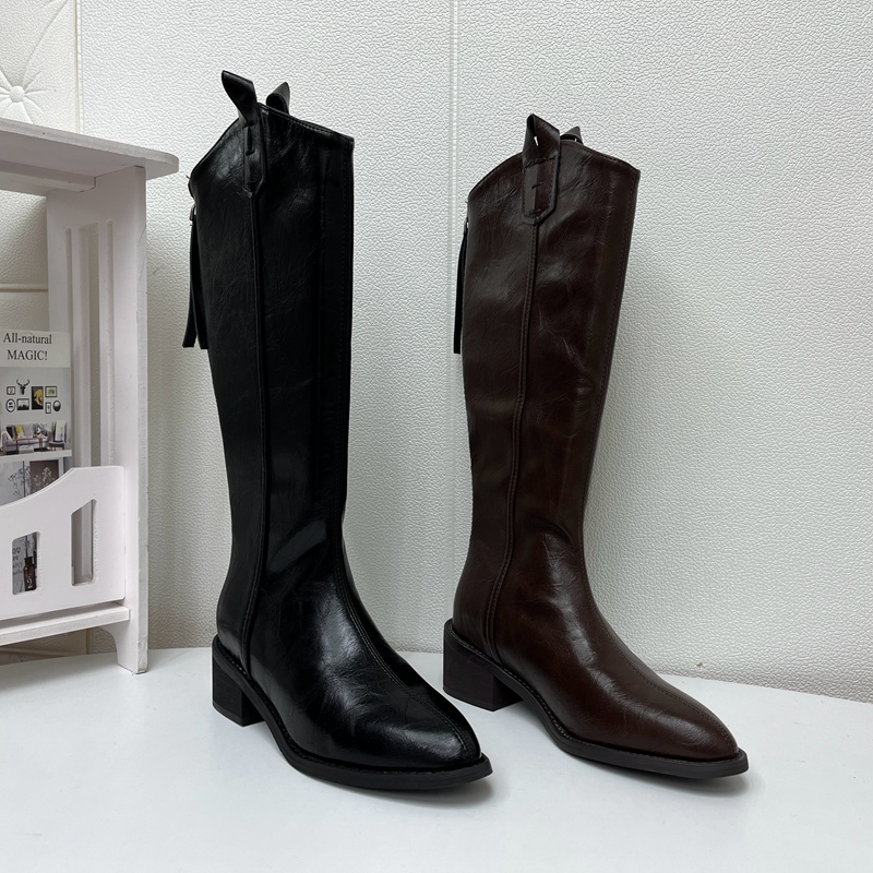 断码处理真皮女鞋2025冬季新款尖头粗跟显瘦高筒骑士靴女长靴加绒