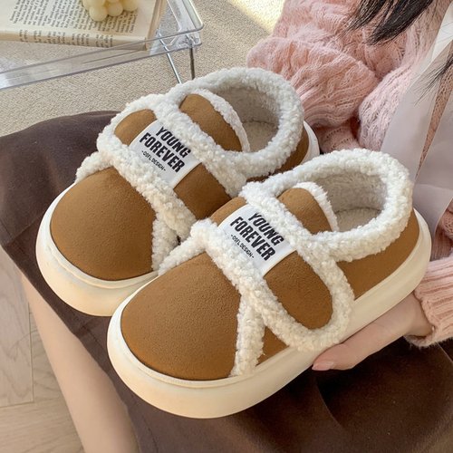复古魔术贴棉拖鞋女冬季包跟居家用加绒防滑羊羔毛绒保暖棉鞋
