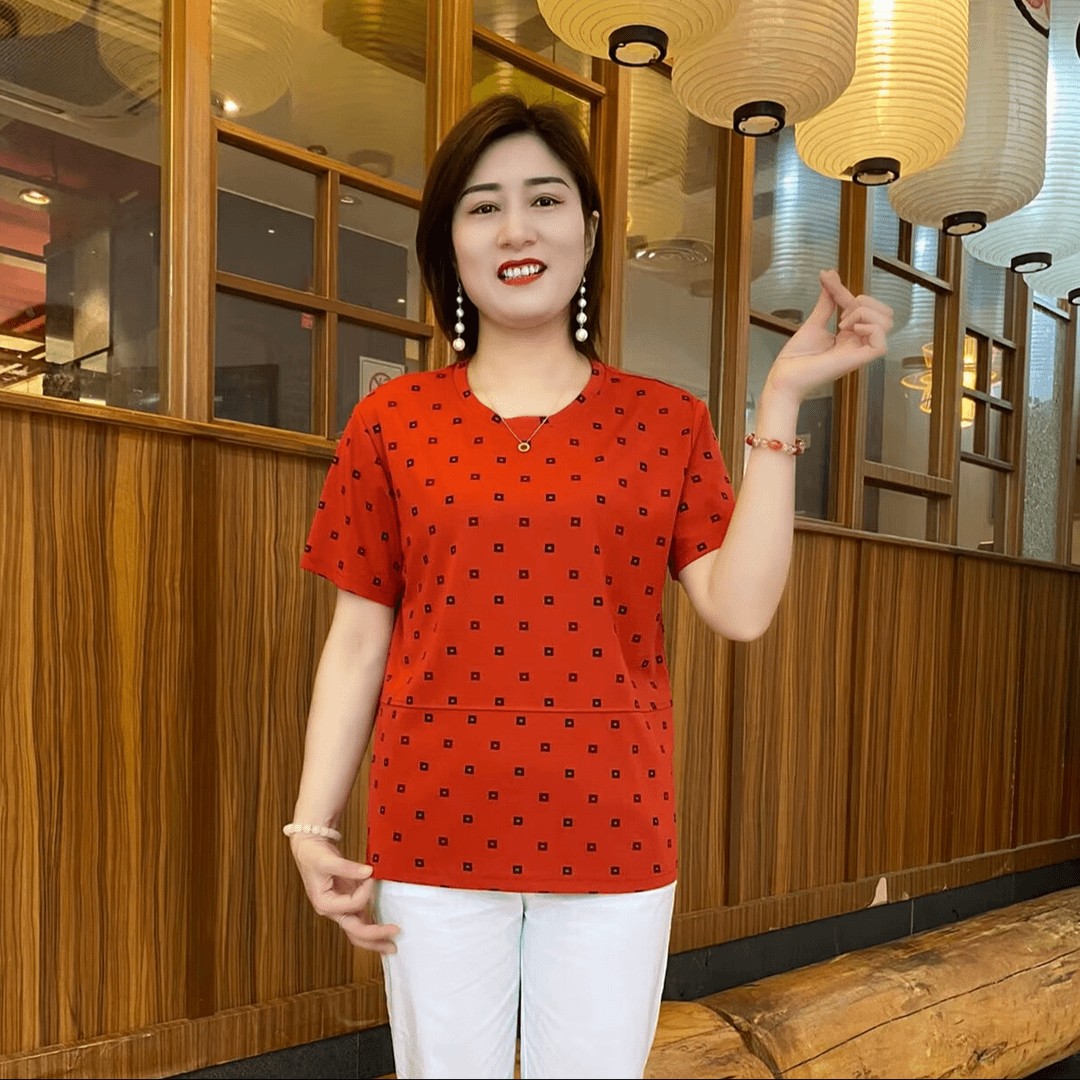 夏装妈妈短袖上衣t恤大码宽松中老年小衫百搭印花圆领气质薄款潮