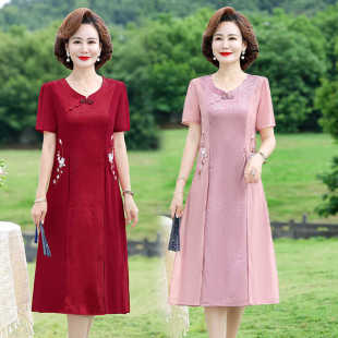 洋气高贵假两件改良旗袍裙子 中老年女薄款 妈妈夏装 连衣裙2024新款