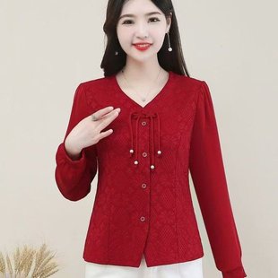 显瘦女士T恤上衣弹力百搭小衫 2025春秋新款 修身 妈妈装 V领长袖