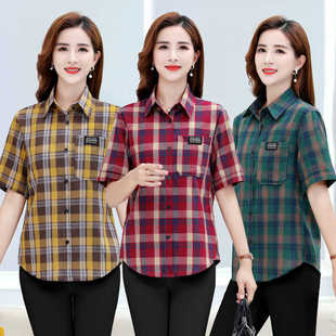 衬衫 纯棉短袖 宽松大码 格子薄款 爆上衣 新款 衬衣中年妈妈女装 女夏季