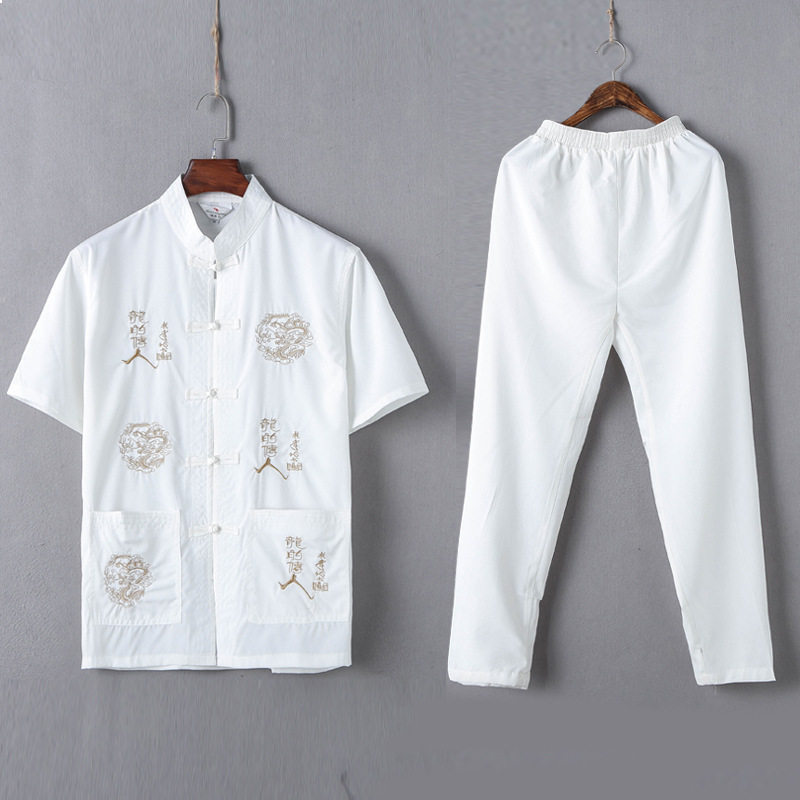 中老年短袖立领衬衫夏男式中式唐装刺绣宽松太极服酒店中国风汉服,男装民族服装,星座1712
