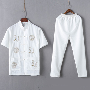 中老年短袖立领衬衫夏男式中式唐装刺绣宽松太极服酒店中国风汉服图片