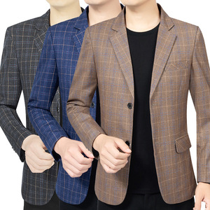 2024新款春秋男士韩版单西服休闲西装男修身格子小西服爸爸装外套图片