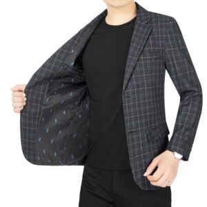 2024新款春秋男士韩版单西服休闲西装男修身格子小西服爸爸装外套图片