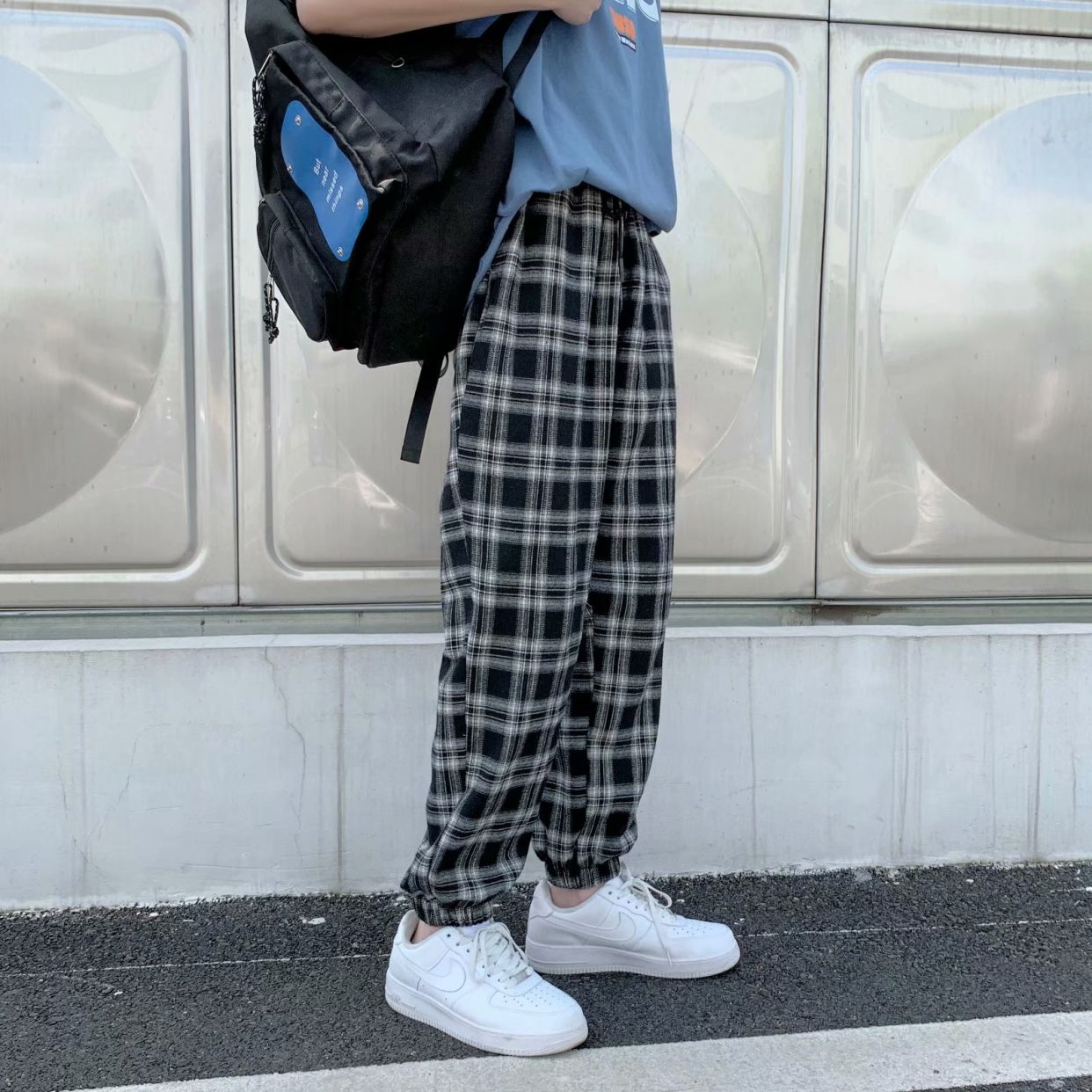 运动裤女夏季薄款格子束脚工装裤2024新款显瘦高腰裤子超火ins潮,男装休闲裤,星座1712-2