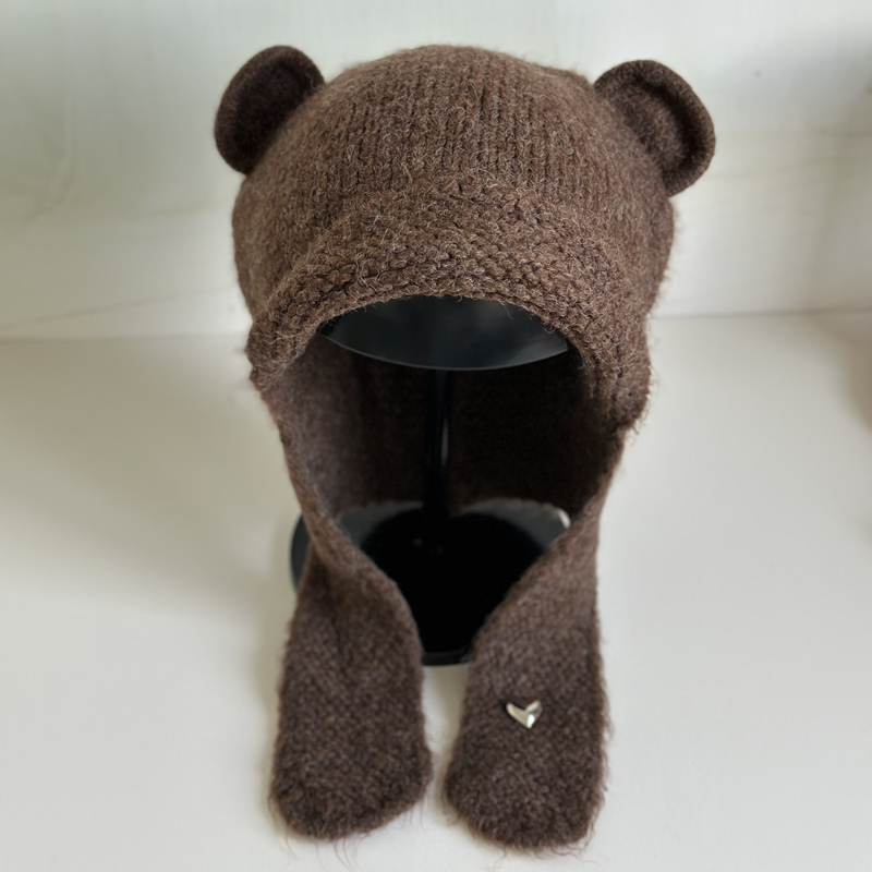 秋冬百搭显脸小护耳帽雷锋帽时尚慵懒风可爱熊耳朵毛线针织帽子女