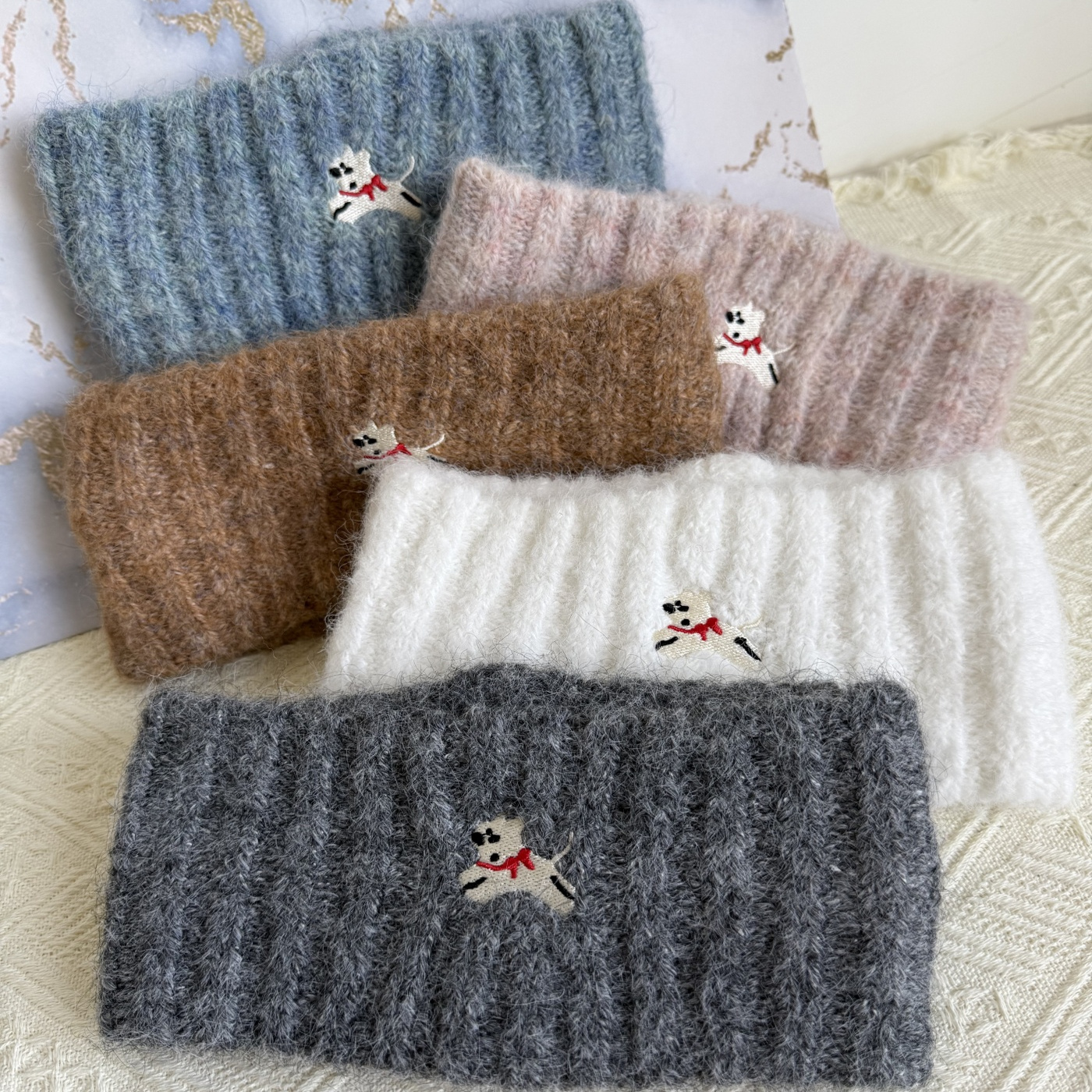 韩版刺绣小狗宽边针织发带女秋冬加厚保暖护耳时尚百搭羊毛线头带