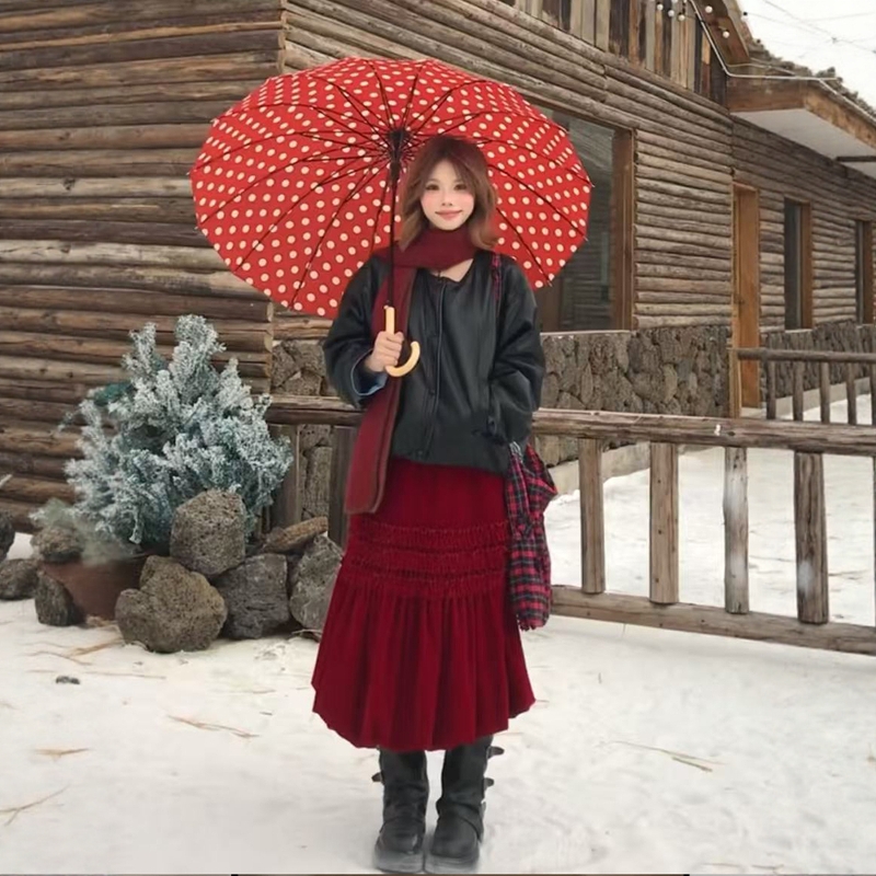 中长款花苞裙A字木耳边半身裙