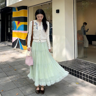 春季 超仙绿色木耳边网纱蓬蓬裙层次感大摆长裙 半身裙女2026新款