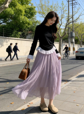 紫色超美半身纱裙女2026新款春夏网纱高腰显瘦中长款百褶仙女伞裙