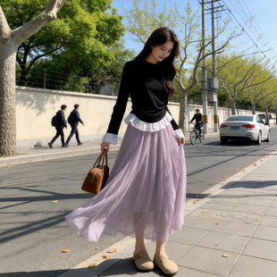 紫色超美半身纱裙女2026新款春夏网纱高腰显瘦中长款百褶仙女伞裙