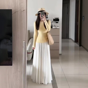 杏色大裙摆气质雪纺纱裙春季 梨形身材a字伞裙风琴百褶半身裙 长款