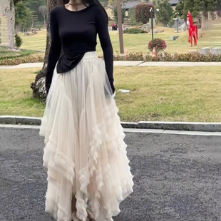 不规则蛋糕层层a字纱裙2026春季新款小众法式设计蓬蓬网纱半身裙