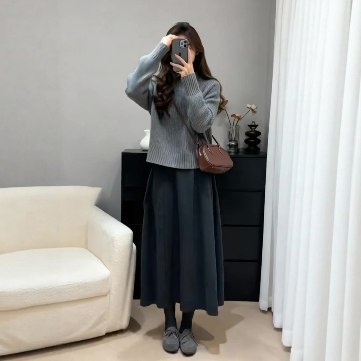 中长款大摆A字毛呢半身裙