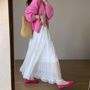 显瘦温柔小个子长裙 修身 气质松紧腰褶皱网纱半身裙女2026春季 新款