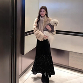 黑色丝绒半身裙女秋冬季 2026款 加厚亮片宽松高腰大摆A字鱼尾长裙