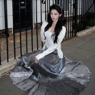 韩系灰色纱裙半身裙女2026新款爆款休闲宽松大摆裙显瘦百搭流光裙