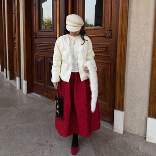 新中式复古红色探春令提花半身裙中长款廓形蓬蓬裙招财小红裙女春