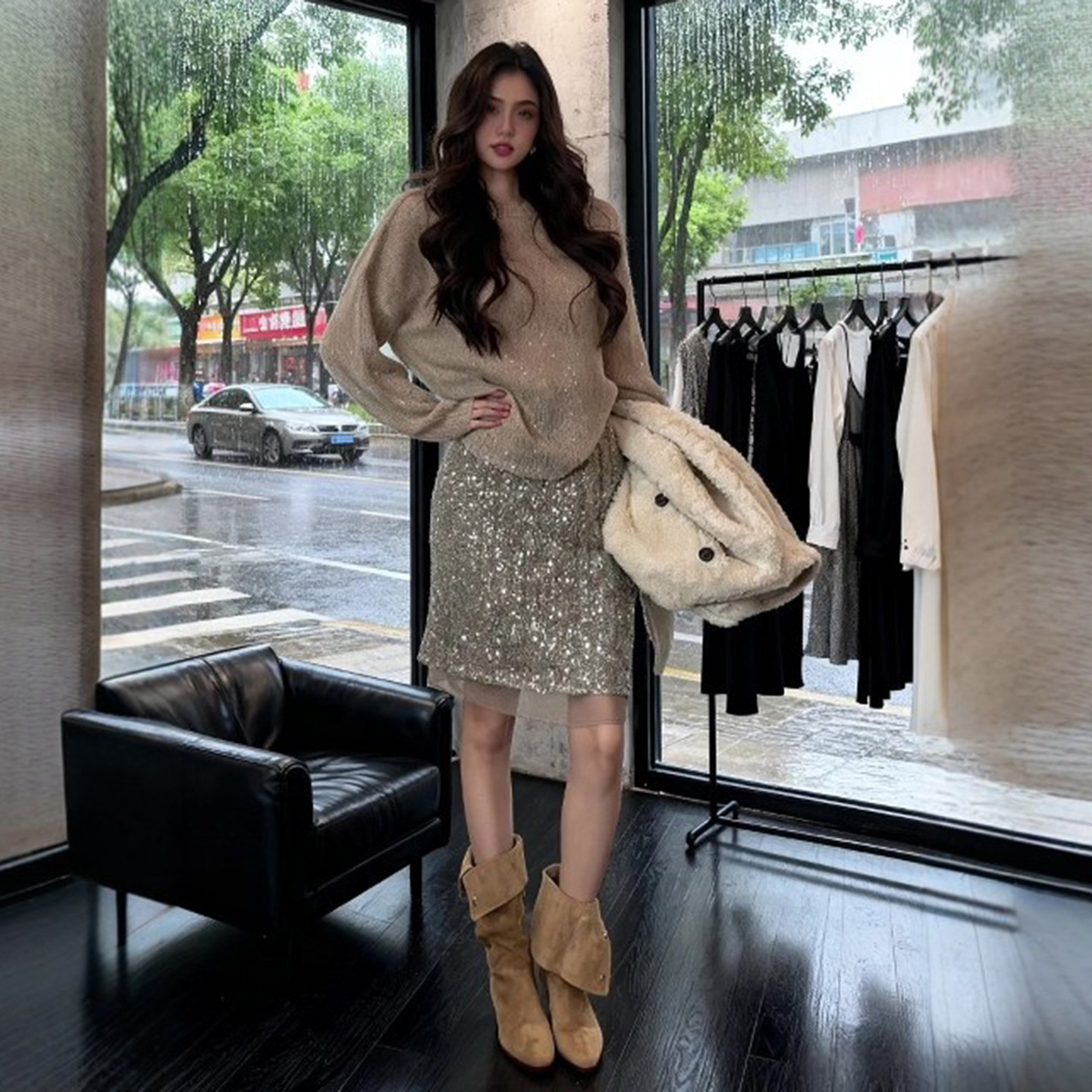 秋冬季新款法式气质加厚亮片裙蕾丝拼接直筒裙设计感中裙半身裙女