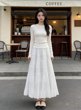 白色半身裙女2026新款夏季150小个子高腰蕾丝伞裙气质中长款裙子