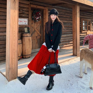 美式复古高腰丝绒红色褶皱A字半身裙女秋冬新款甜美风休闲灯笼裙