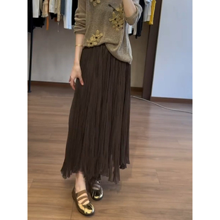 优雅气质百褶半身裙女2026秋冬设计感慵懒风长裙咖啡色纱裙仙女裙