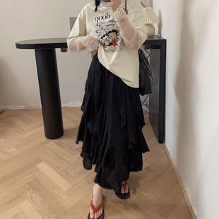 夏季 重工剪裁花边不规则仙女半身长裙 蕾丝高腰荷叶边小众高级法式