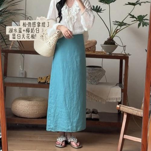 中长款包臀裙A字亚麻半身裙