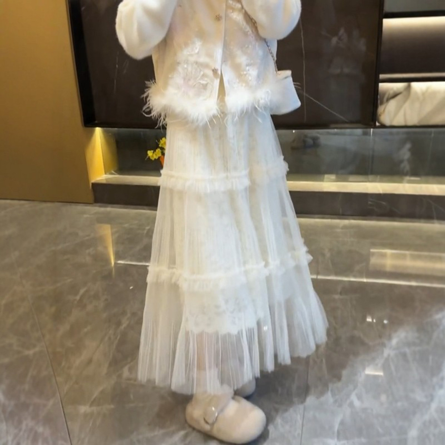 加厚网纱蕾丝蛋糕半身裙女秋冬新款松紧遮胯垂感a字伞裙大摆长裙