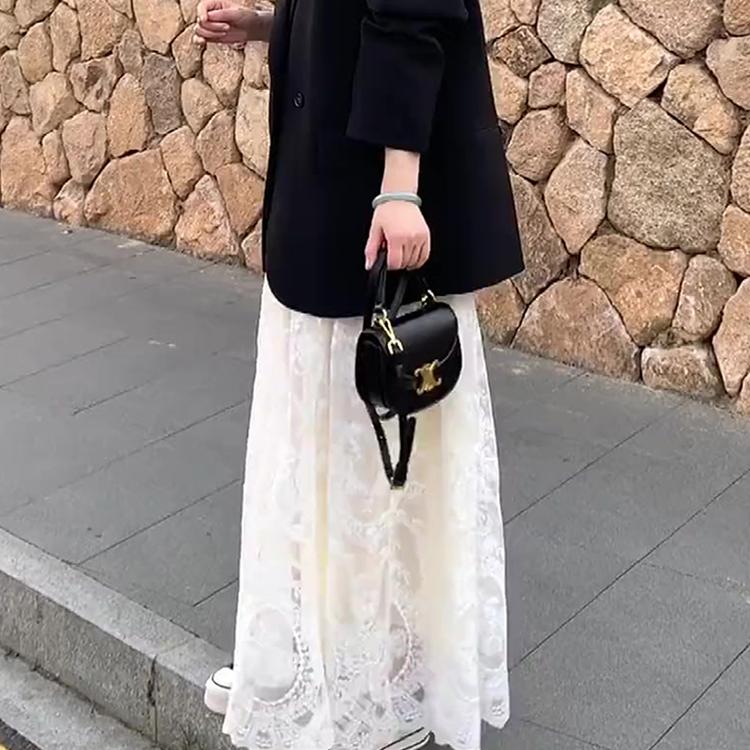 杏色蕾丝半身裙女春夏2025新款高腰显瘦松紧腰宽松气质纱裙长裙