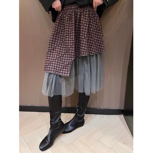 复古小众设计感2026春夏季 特殊剪裁磨毛菱格蛋糕网纱半身裙A字裙