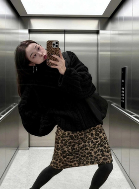 辣妹冬季羊羔毛豹纹加厚半身裙女大码毛呢包臀裙复古显瘦a字中裙