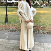 气质甜美百褶裙坑条白色伞裙2026冬季 新款 垂感显瘦高腰半身裙长裙