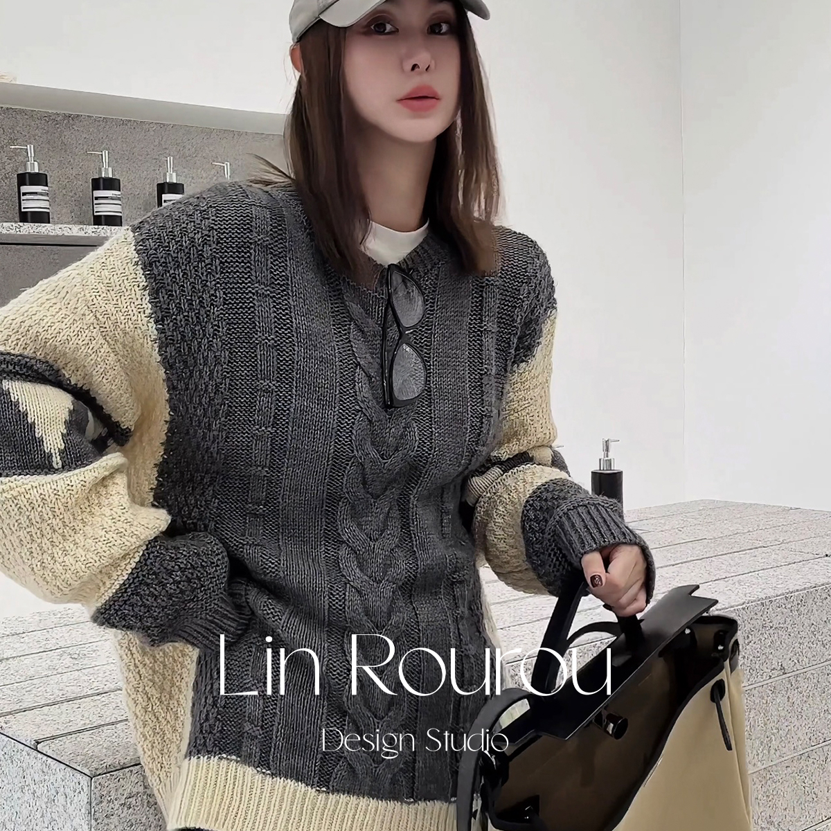 林肉肉【撞色拼接毛衣】绵羊毛拼色麻花针织圆领长袖毛衣早秋新品