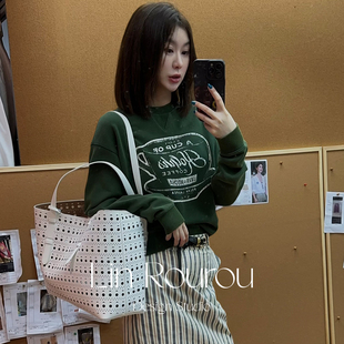 圆领套头女春秋新款 林肉肉 绿色美式 咖啡印花卫衣 打底上衣 经典