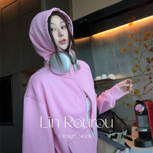 女早秋2025新款 林肉肉 帽衫 拉链长袖 外穿上衣 刺绣连帽卫衣外套