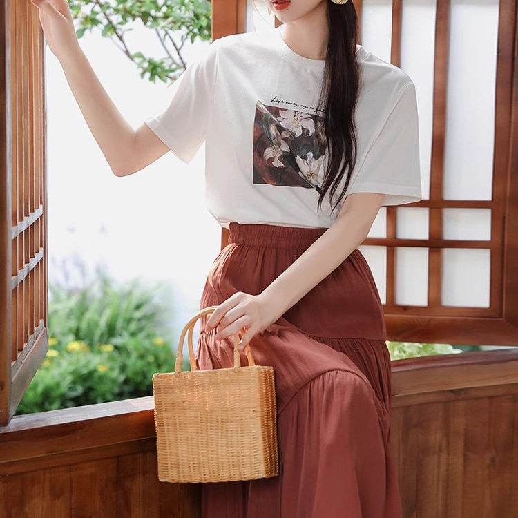 高端棉T恤天丝半身裙子圆领上衣显瘦大摆蛋糕a字裙女气质两件套装