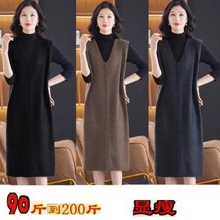 高端春秋冬季羊毛绒针织背心连衣裙子大码胖mm遮肚气质V领a字长裙