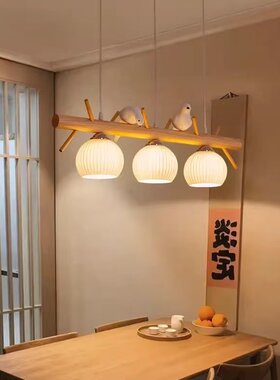 日式北欧原木小鸟三头餐厅吊灯