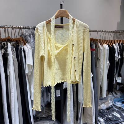 One Family77020正品韩系甜美蕾丝飘带针织开衫吊带两件套上衣女