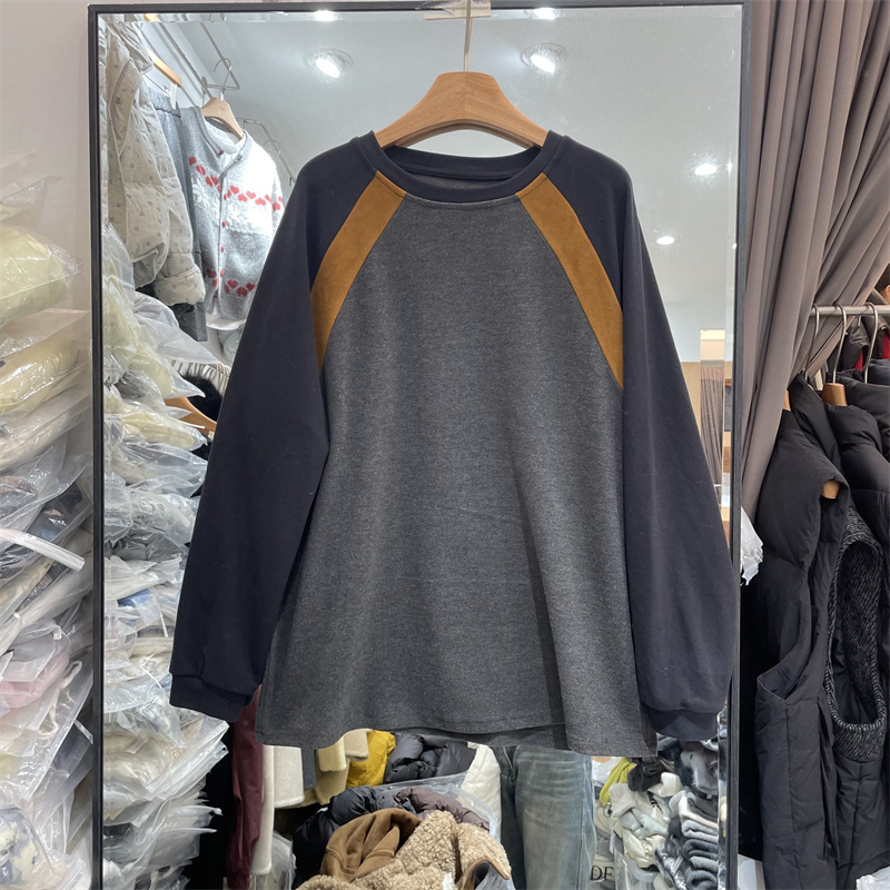 YHS91835正版韩系宽松圆领时尚拼色休闲加绒长袖T恤衫打底上衣女